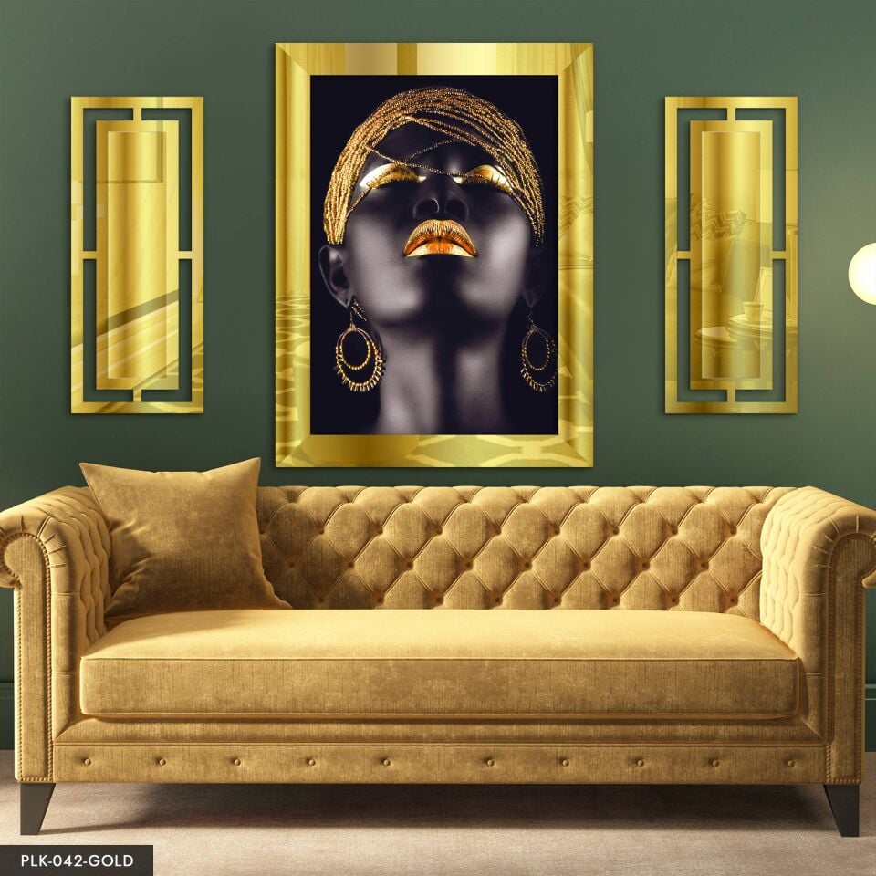 Afrikalı Kadın Yan Dekorlu 3 Parça Pleksi Tablo DKRPLK Gold - 110 x 80 CM