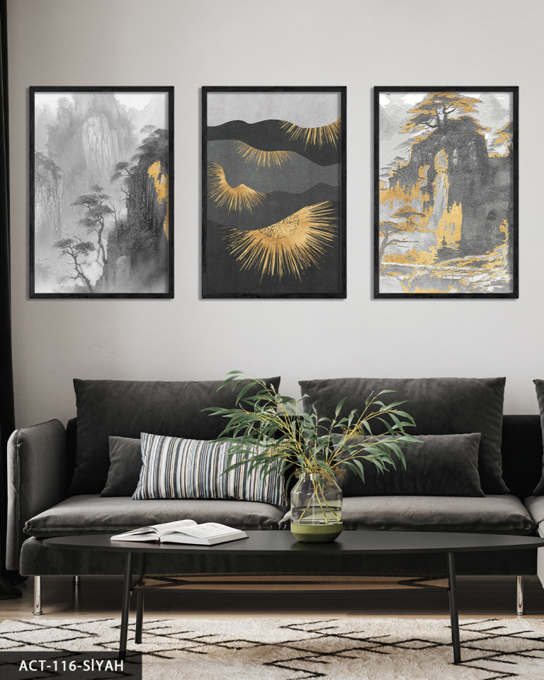 Gold Detaylı Modern Sanat 3 Parça Ahşap Çerçeveli Tablo ACT Siyah - 30 x 40 CM
