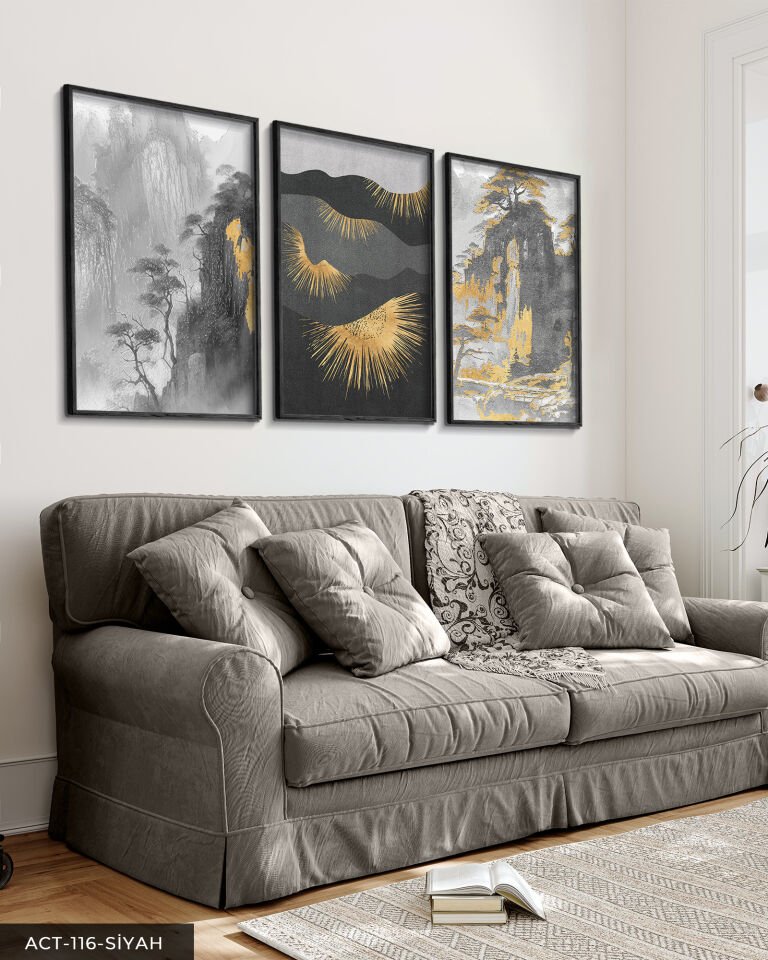 Gold Detaylı Modern Sanat 3 Parça Ahşap Çerçeveli Tablo ACT Siyah - 30 x 40 CM