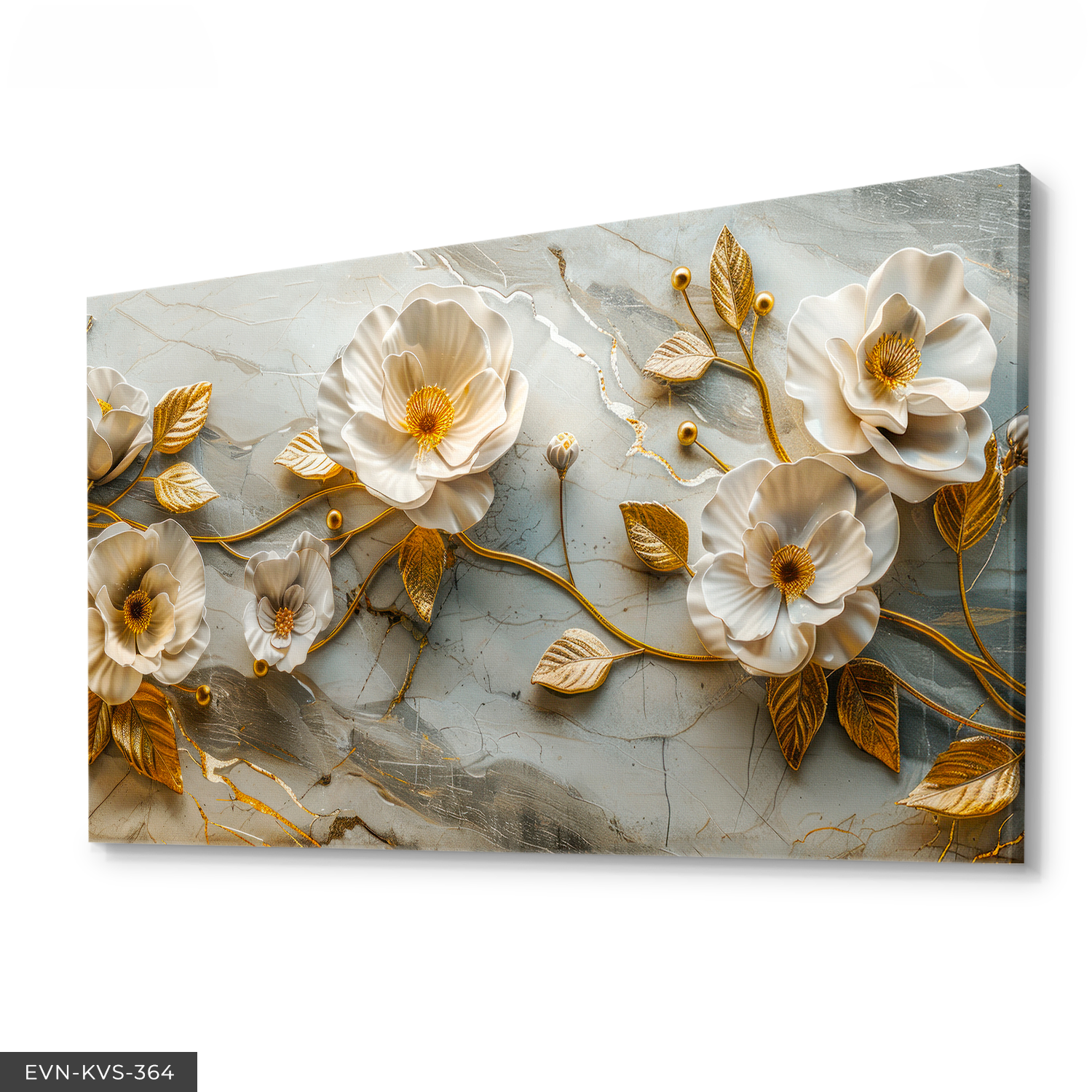 Gold Yapraklı Beyaz Çiçekler Tek Parça Kanvas - Canvas Tablo 140 x 90 CM - Çok Renkli