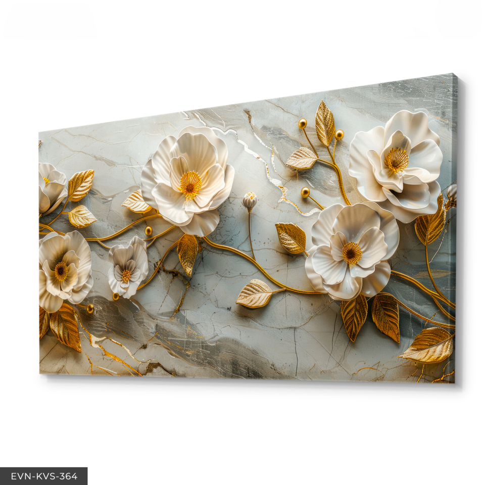 Gold Yapraklı Beyaz Çiçekler Tek Parça Kanvas - Canvas Tablo 140 x 90 CM - Çok Renkli