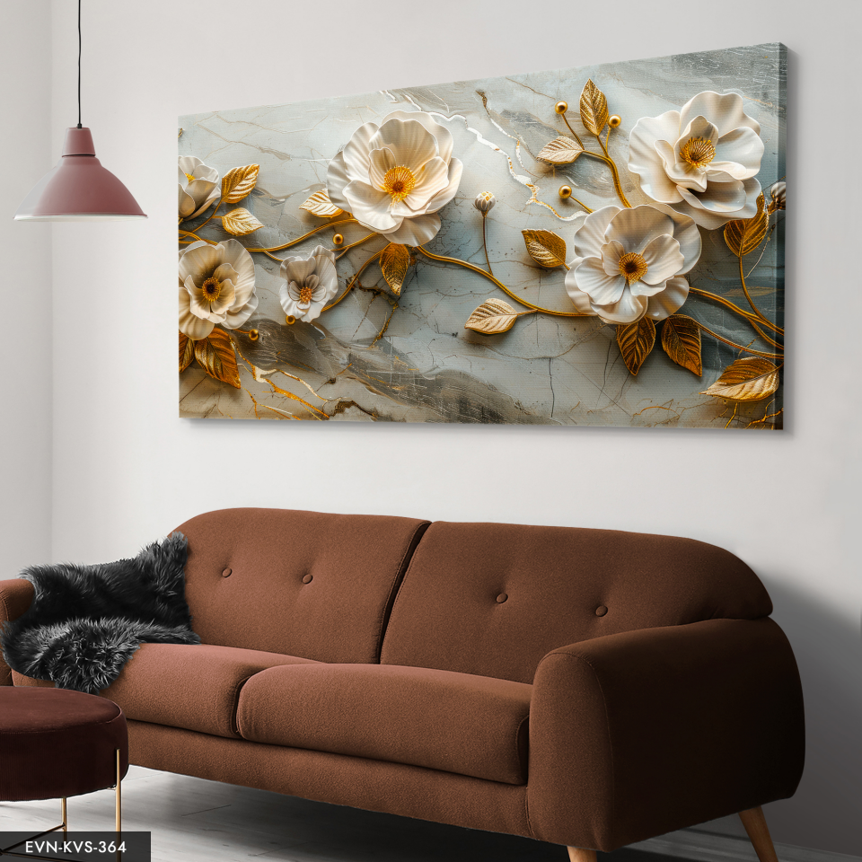 Gold Yapraklı Beyaz Çiçekler Tek Parça Kanvas - Canvas Tablo 140 x 90 CM - Çok Renkli