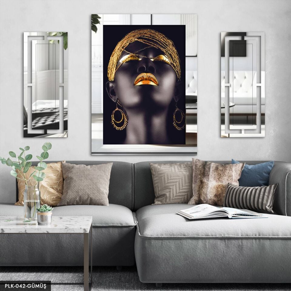 Afrikalı Kadın Yan Dekorlu 3 Parça Pleksi Tablo DKRPLK Gümüş - 110 x 80 CM