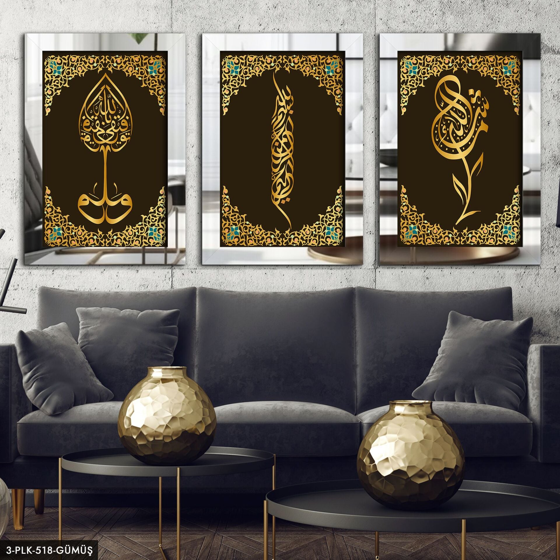 Hud Suresi Besmele Maşallah 3 Parça Pleksi Aynalı Tablo 60 x 80 CM - Gümüş