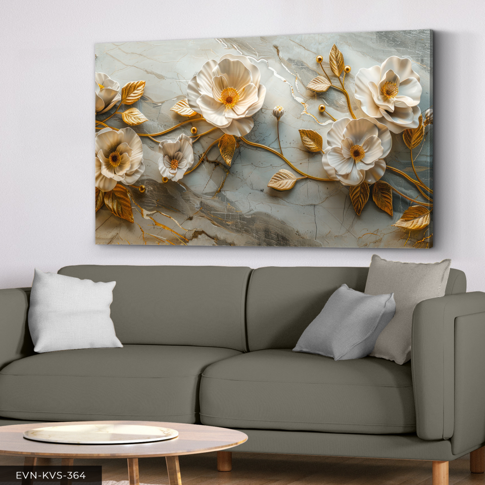 Gold Yapraklı Beyaz Çiçekler Tek Parça Kanvas - Canvas Tablo 140 x 90 CM - Çok Renkli