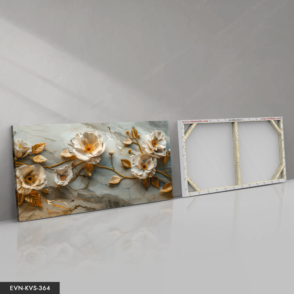 Gold Yapraklı Beyaz Çiçekler Tek Parça Kanvas - Canvas Tablo 140 x 90 CM - Çok Renkli
