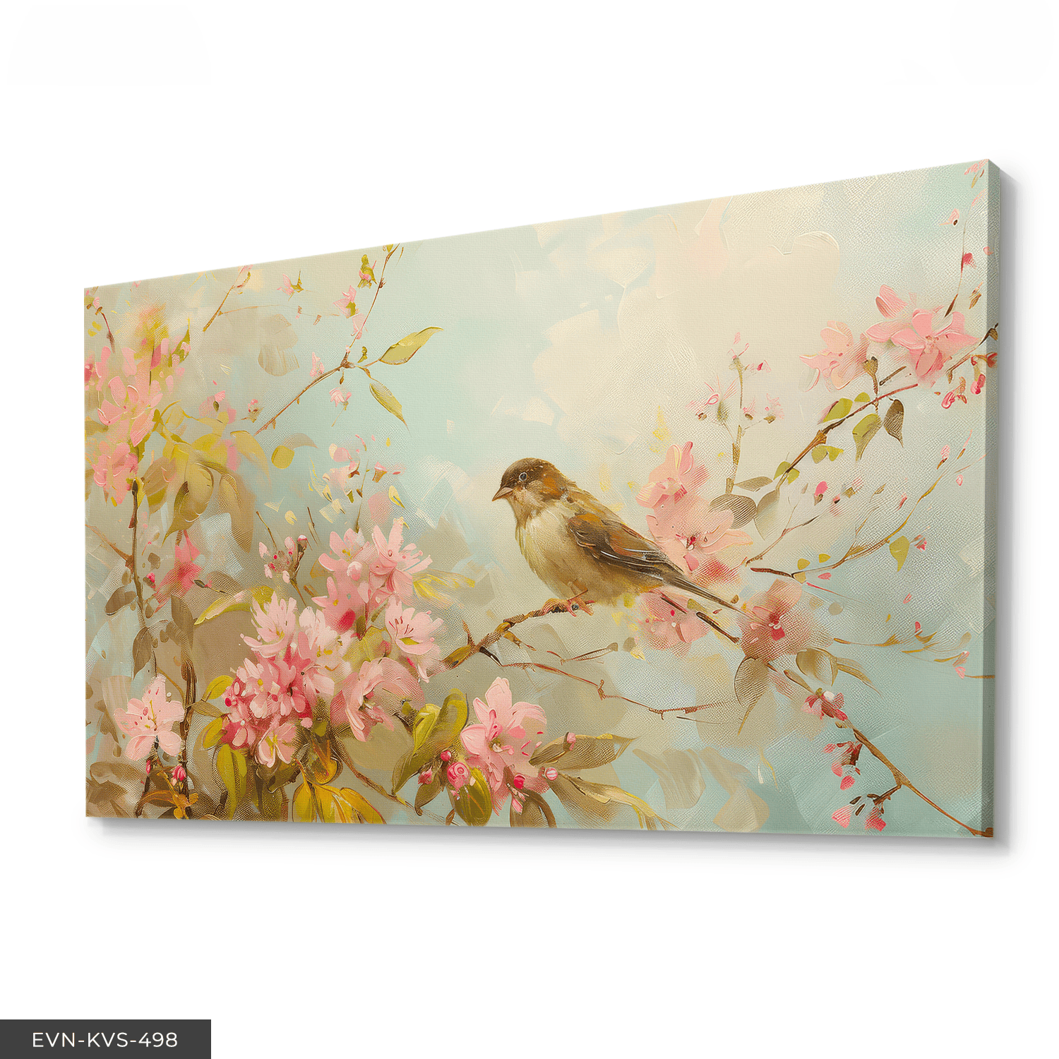 Pembe Çiçekler ve Kuş Tek Parça Kanvas - Canvas Tablo 65 x 45 CM - Çok Renkli