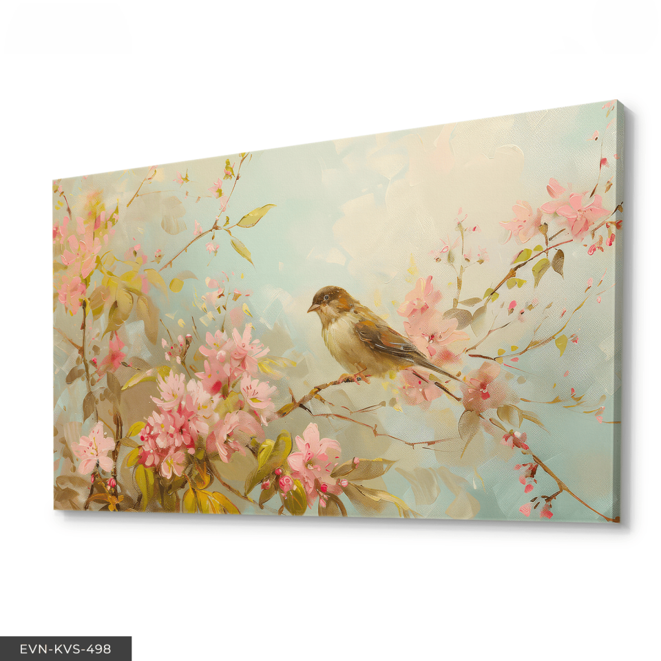 Pembe Çiçekler ve Kuş Tek Parça Kanvas - Canvas Tablo 65 x 45 CM - Çok Renkli