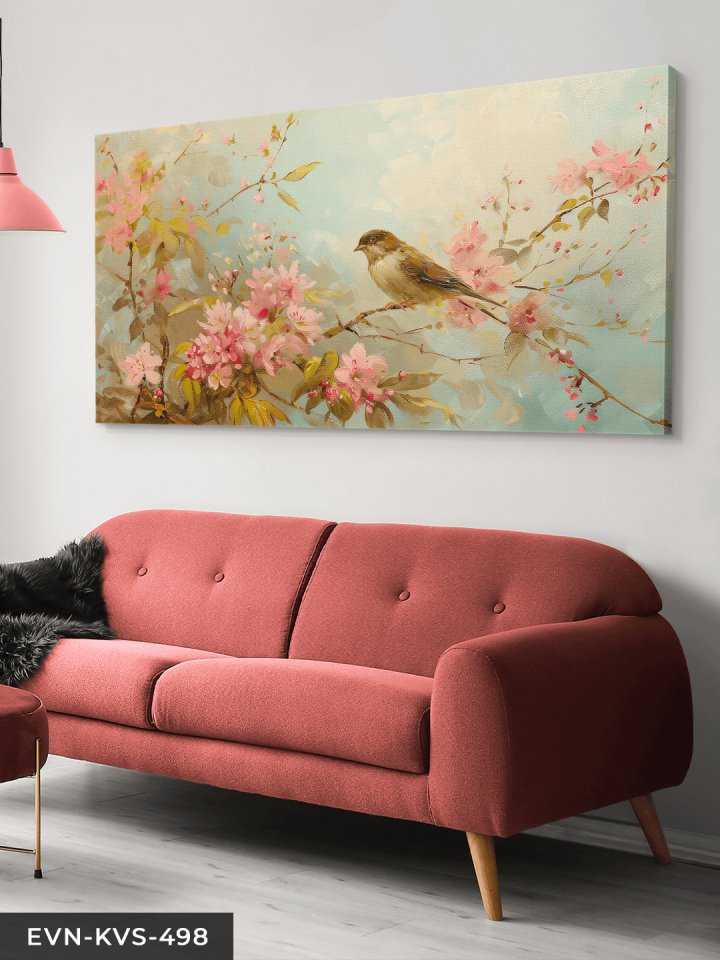 Pembe Çiçekler ve Kuş Tek Parça Kanvas - Canvas Tablo 65 x 45 CM - Çok Renkli