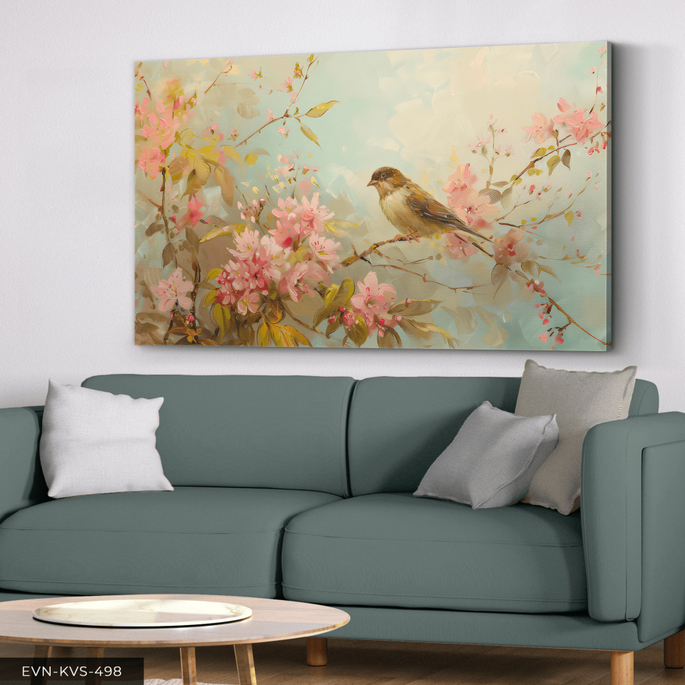 Pembe Çiçekler ve Kuş Tek Parça Kanvas - Canvas Tablo 65 x 45 CM - Çok Renkli