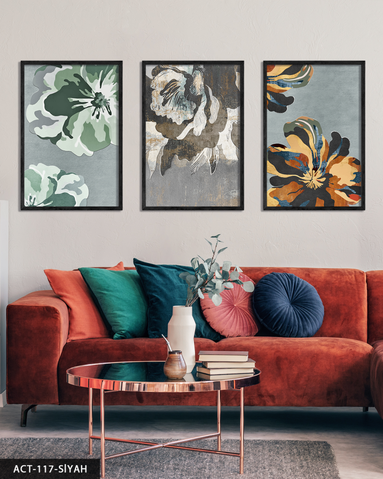 Renkli Çiçekler 3 Parça Ahşap Çerçeveli Tablo ACT Siyah - 30 x 40 CM