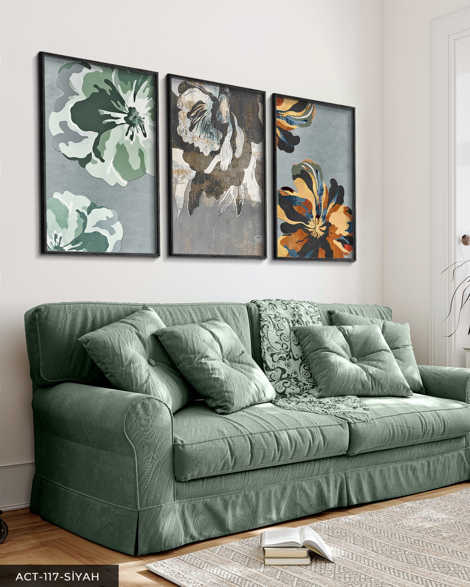 Renkli Çiçekler 3 Parça Ahşap Çerçeveli Tablo ACT Siyah - 30 x 40 CM