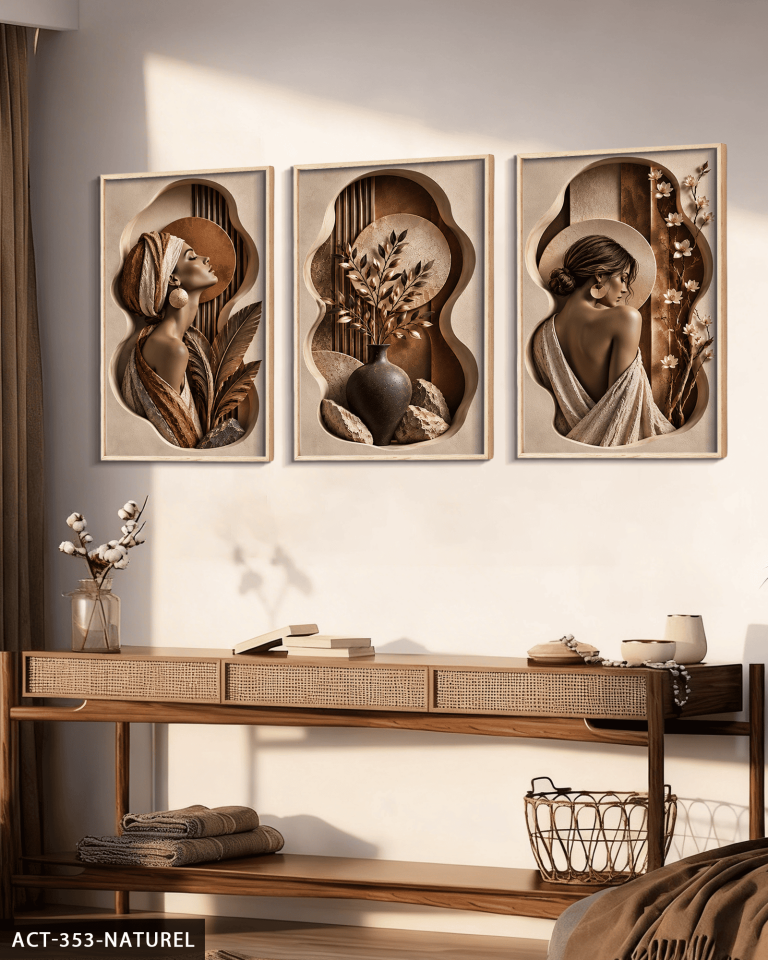 Zarif Kadın ve Doğa 3 Parça Ahşap Çerçeveli Tablo ACT Naturel - 40 x 60 CM