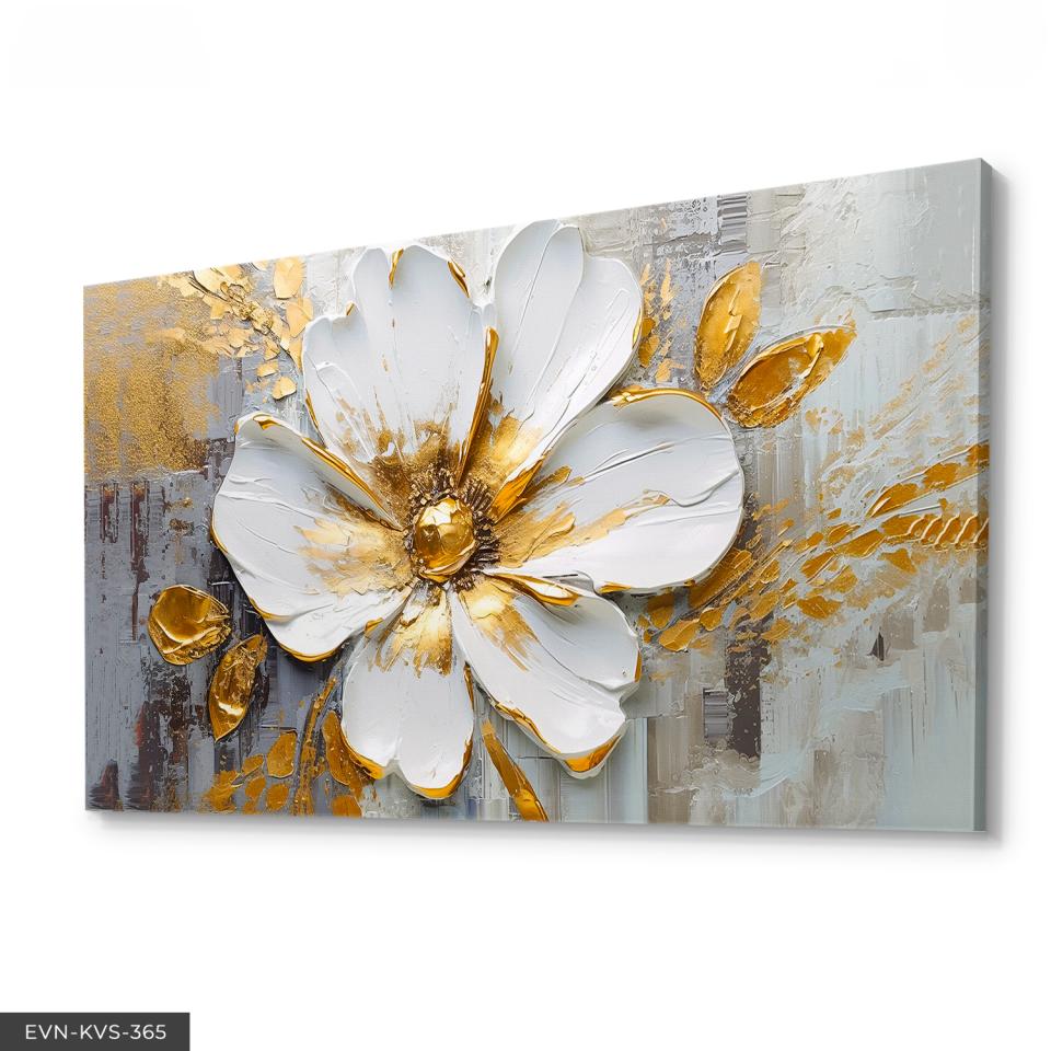Yağlı Boya Görünümlü Beyaz Çiçek Tek Parça Kanvas - Canvas Tablo 140 x 90 CM - Çok Renkli
