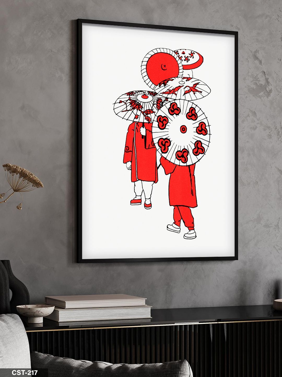 Kırmızı Şemsiyeli İnsanlar Tek Parça Ahşap Çerçeveli Tablo Siyah - 50 x 70 CM