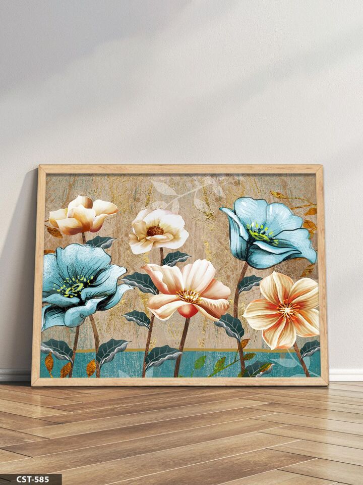 Mavi ve Pembe Çiçekler Tek Parça Ahşap Çerçeveli Tablo Naturel - 50 x 70 CM