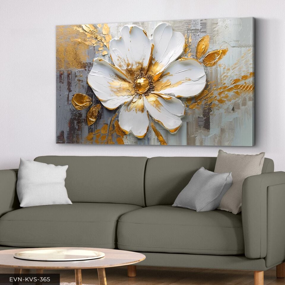 Yağlı Boya Görünümlü Beyaz Çiçek Tek Parça Kanvas - Canvas Tablo 40 x 30 CM - Çok Renkli