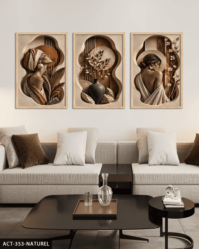 Zarif Kadın ve Doğa 3 Parça Ahşap Çerçeveli Tablo ACT Naturel - 50 x 70 CM