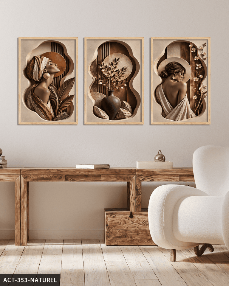 Zarif Kadın ve Doğa 3 Parça Ahşap Çerçeveli Tablo ACT Naturel - 50 x 70 CM