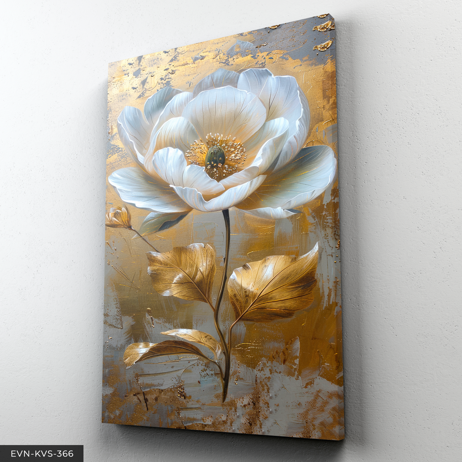 Yağlı Boya Görünümlü Gold Detaylı Beyaz Çiçek Tek Parça Kanvas - Canvas Tablo 140 x 90 CM - Çok Renkli