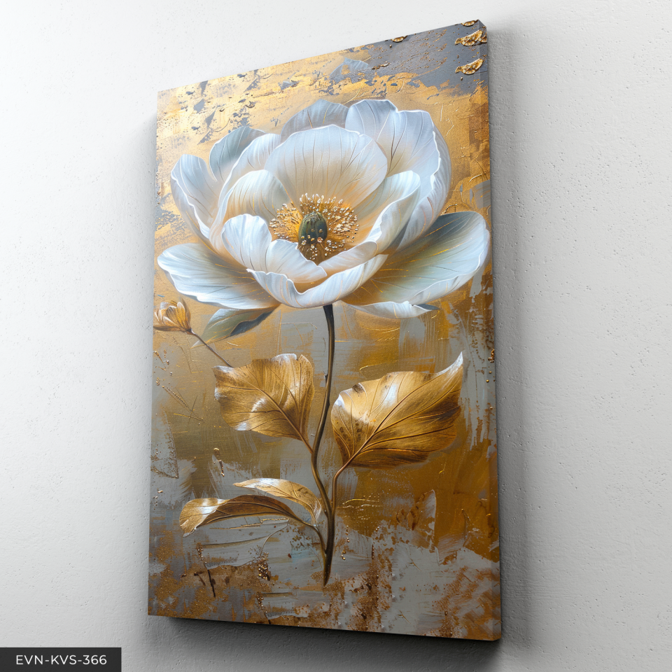 Yağlı Boya Görünümlü Gold Detaylı Beyaz Çiçek Tek Parça Kanvas - Canvas Tablo 140 x 90 CM - Çok Renkli