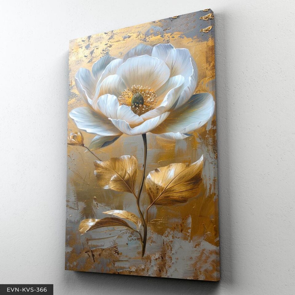 Yağlı Boya Görünümlü Gold Detaylı Beyaz Çiçek Tek Parça Kanvas - Canvas Tablo 140 x 90 CM - Çok Renkli