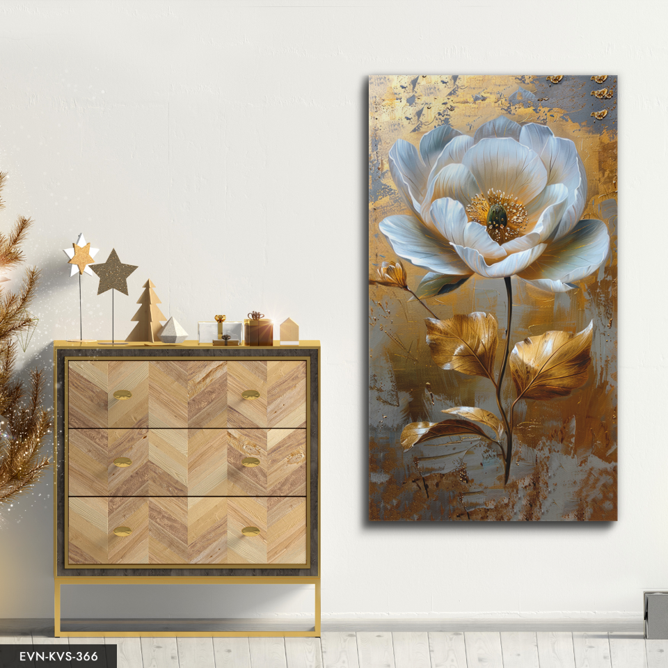 Yağlı Boya Görünümlü Gold Detaylı Beyaz Çiçek Tek Parça Kanvas - Canvas Tablo 140 x 90 CM - Çok Renkli