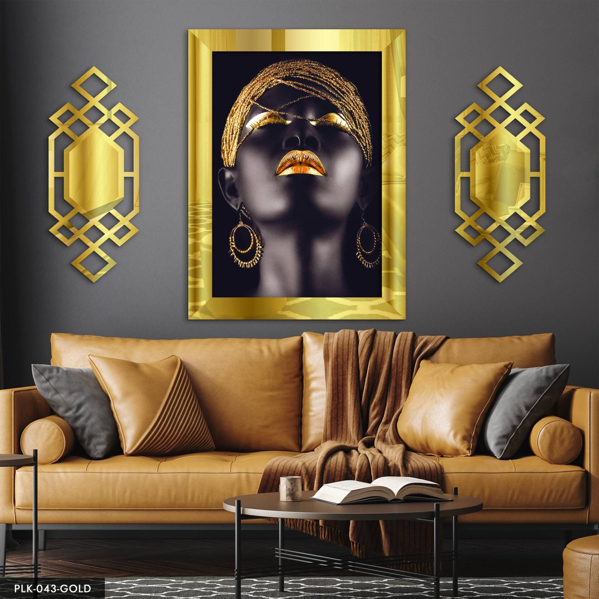 Afrikalı Kadın Yan Dekorlu 3 Parça Pleksi Tablo DKRPLK Gold - 110 x 80 CM