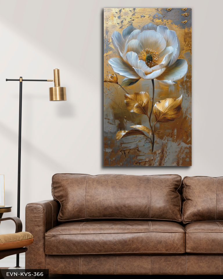 Yağlı Boya Görünümlü Gold Detaylı Beyaz Çiçek Tek Parça Kanvas - Canvas Tablo 140 x 90 CM - Çok Renkli