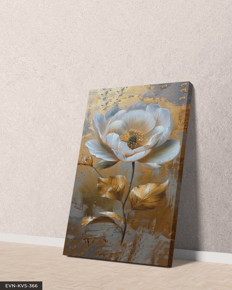 Yağlı Boya Görünümlü Gold Detaylı Beyaz Çiçek Tek Parça Kanvas - Canvas Tablo 140 x 90 CM - Çok Renkli