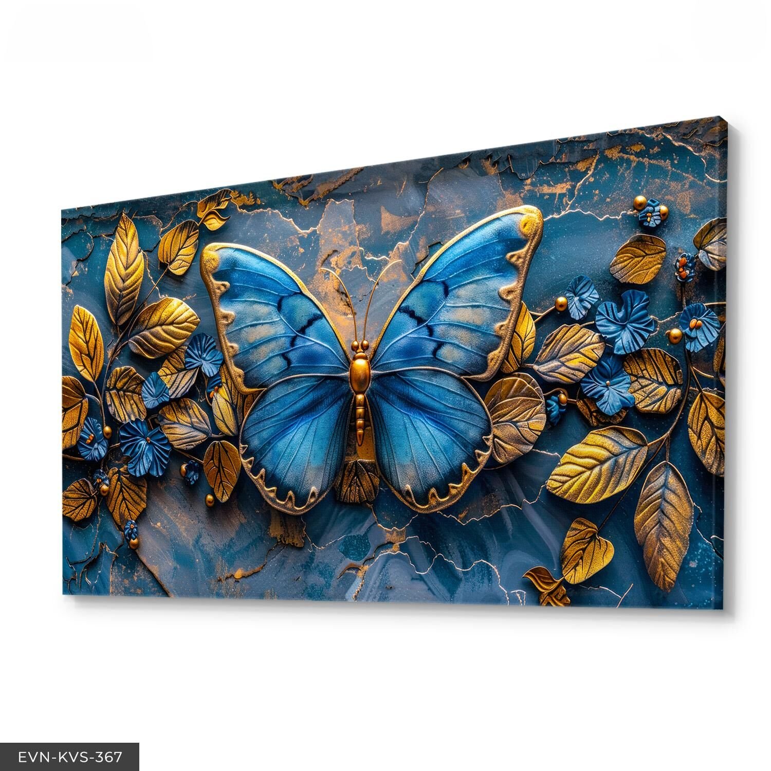 Mavi Kelebek Ve Gold Yapraklar Tek Parça Kanvas - Canvas Tablo 40 x 30 CM - Çok Renkli