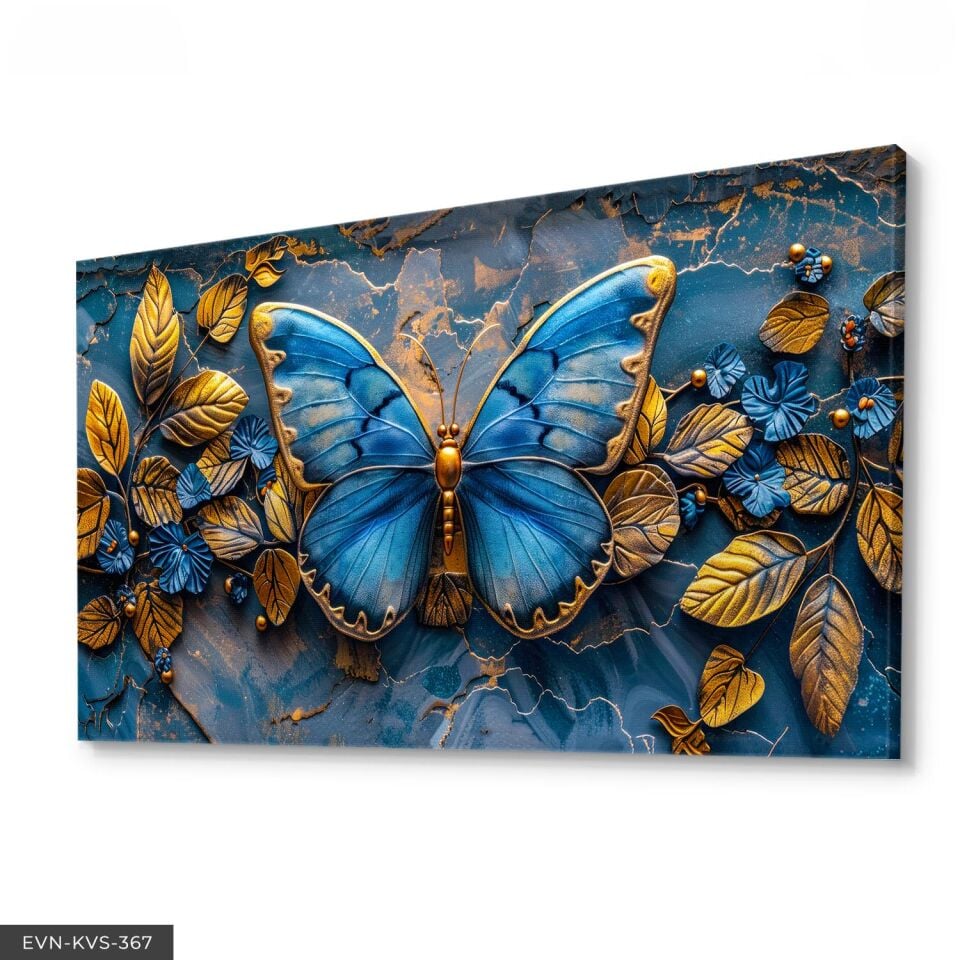 Mavi Kelebek Ve Gold Yapraklar Tek Parça Kanvas - Canvas Tablo 140 x 90 CM - Çok Renkli