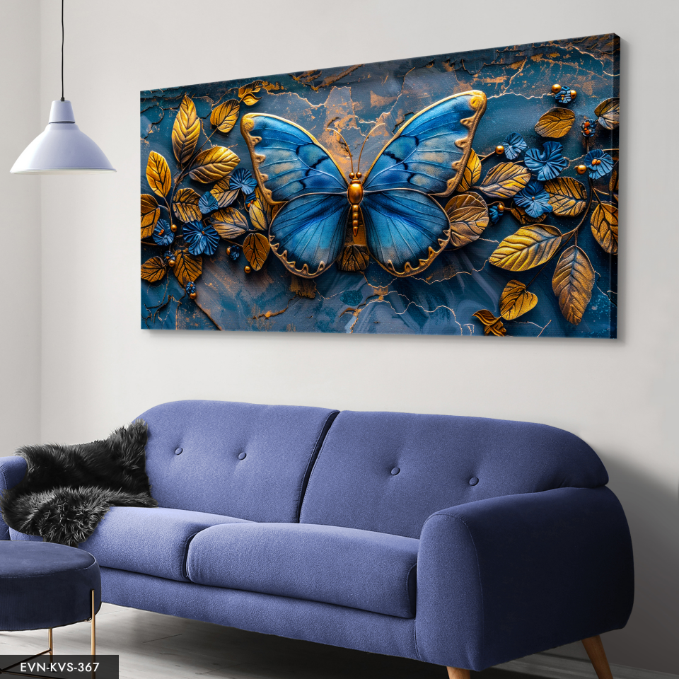 Mavi Kelebek Ve Gold Yapraklar Tek Parça Kanvas - Canvas Tablo 140 x 90 CM - Çok Renkli
