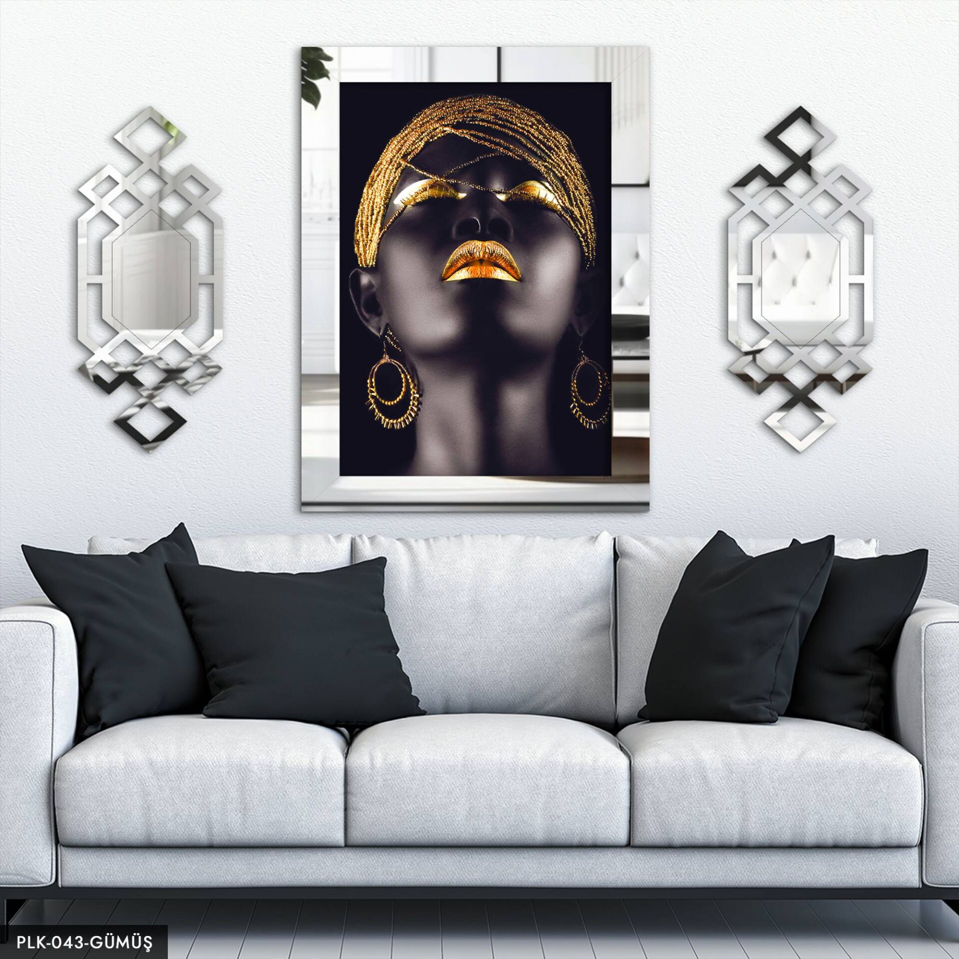 Afrikalı Kadın Yan Dekorlu 3 Parça Pleksi Tablo DKRPLK Gümüş - 110 x 80 CM