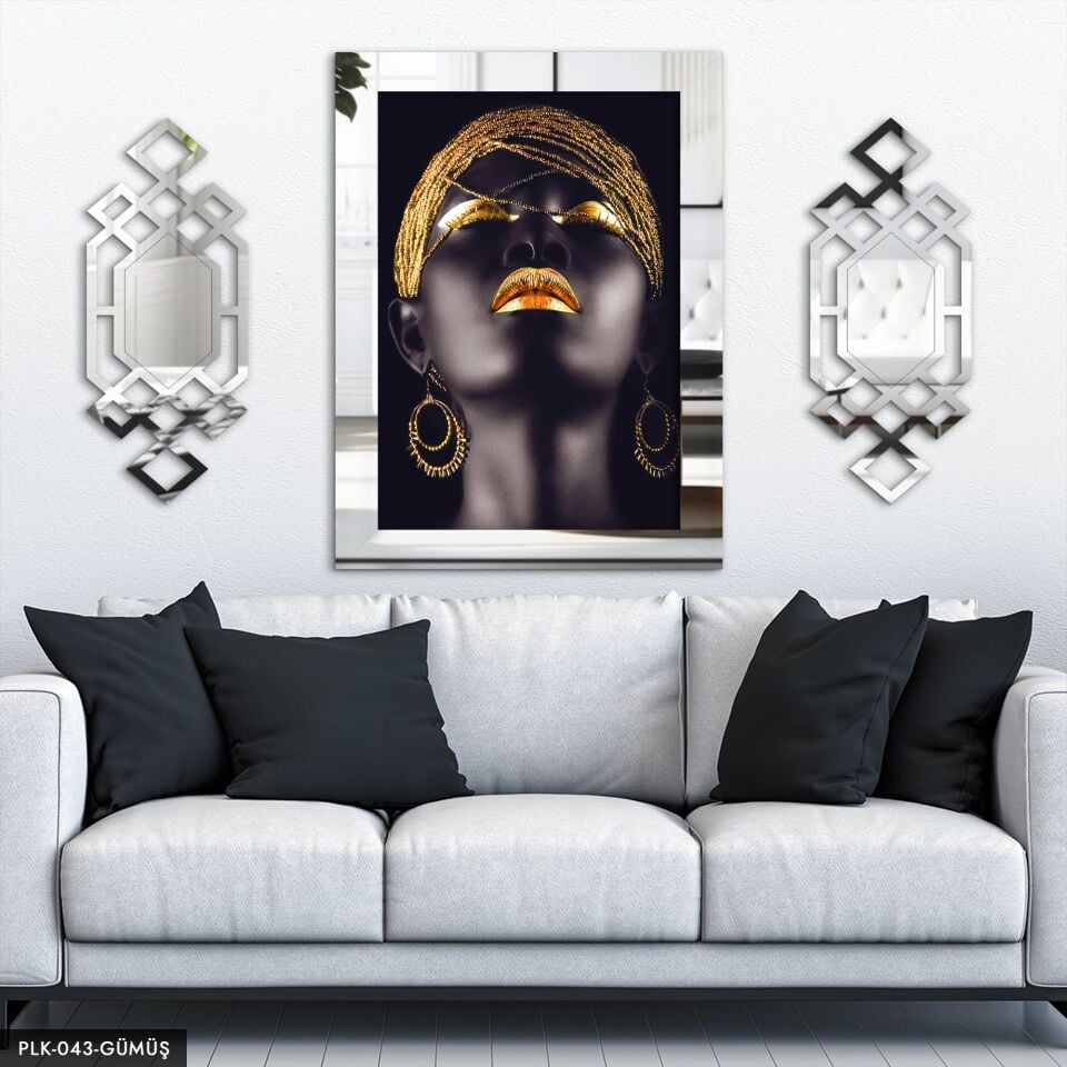 Afrikalı Kadın Yan Dekorlu 3 Parça Pleksi Tablo DKRPLK Gümüş - 110 x 80 CM