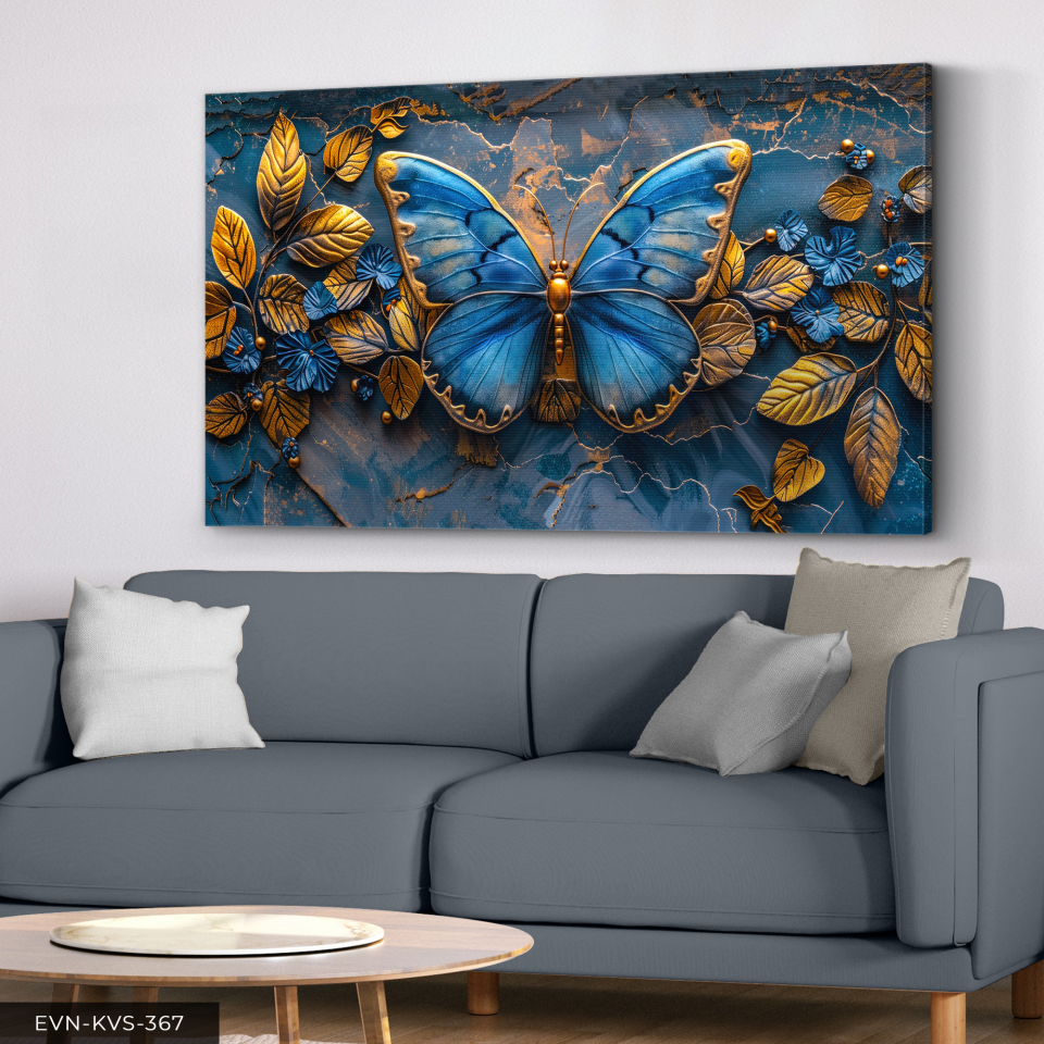 Mavi Kelebek Ve Gold Yapraklar Tek Parça Kanvas - Canvas Tablo 140 x 90 CM - Çok Renkli