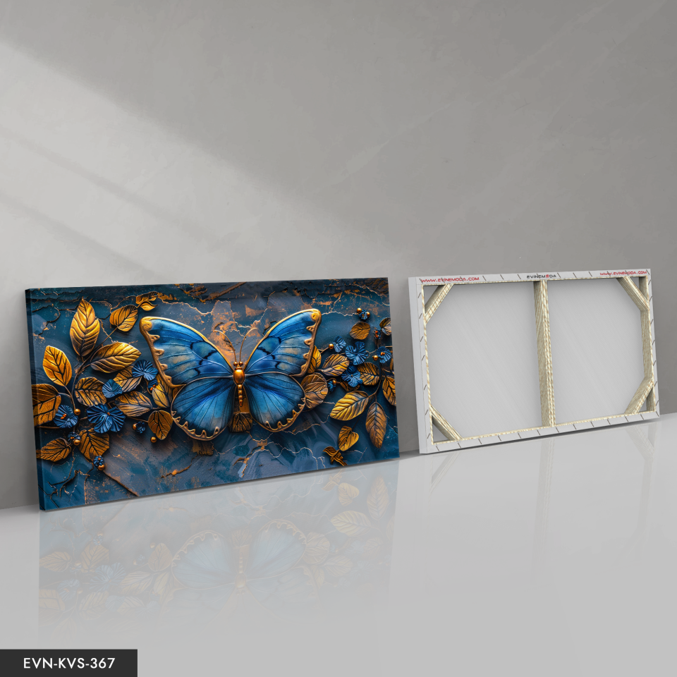 Mavi Kelebek Ve Gold Yapraklar Tek Parça Kanvas - Canvas Tablo 140 x 90 CM - Çok Renkli