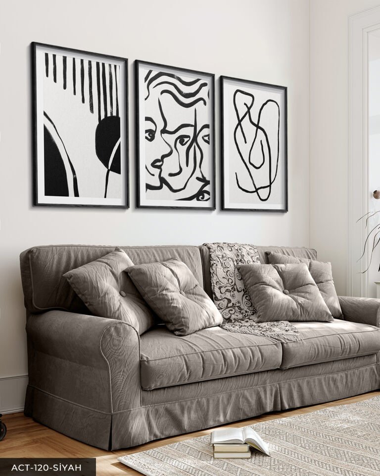 Portreler ve Soyut Sanat 3 Parça Ahşap Çerçeveli Tablo ACT Siyah - 30 x 40 CM