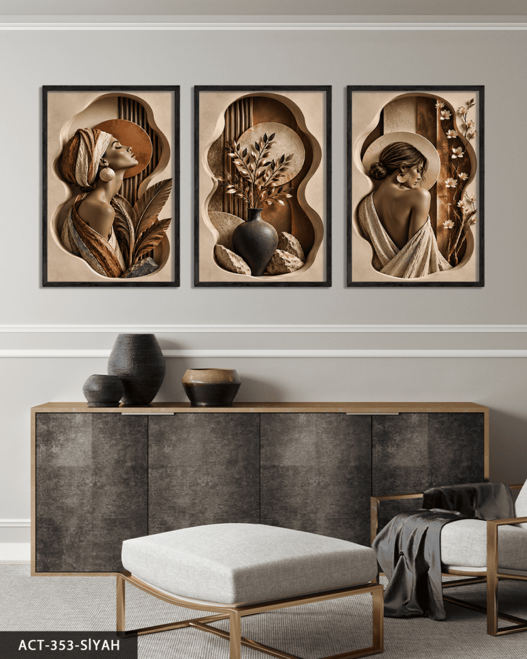 Zarif Kadın ve Doğa 3 Parça Ahşap Çerçeveli Tablo ACT Siyah - 40 x 60 CM