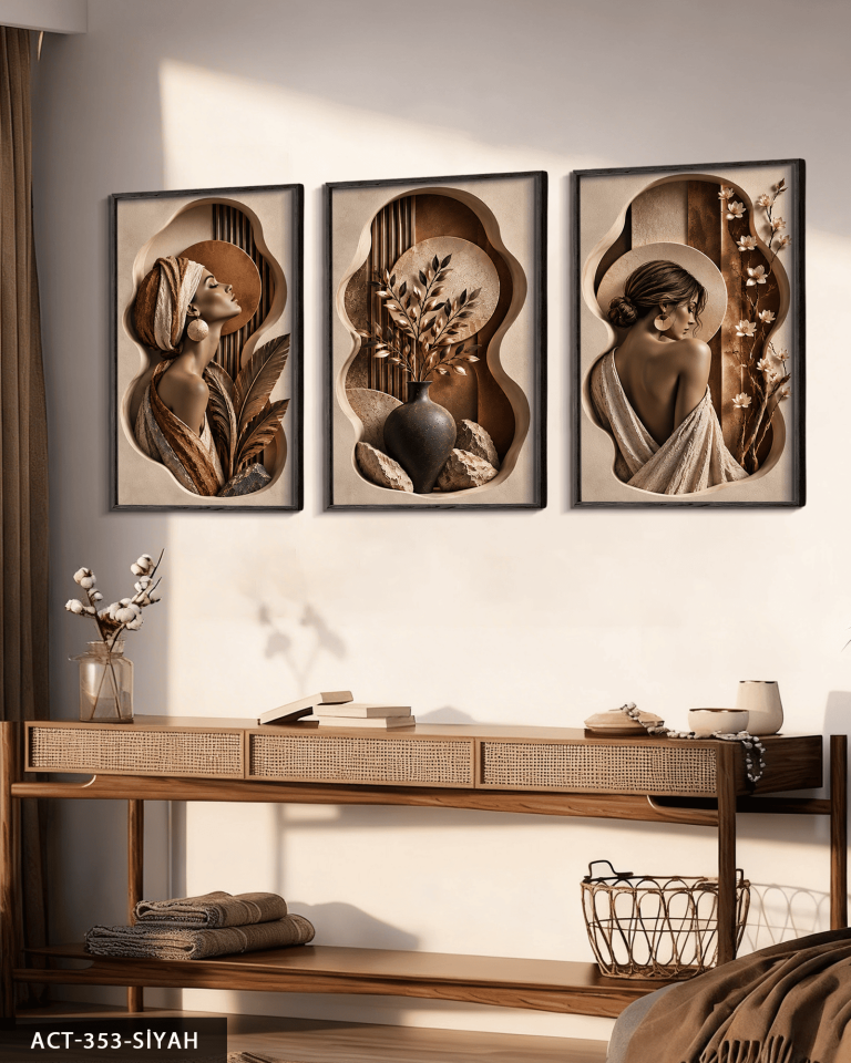 Zarif Kadın ve Doğa 3 Parça Ahşap Çerçeveli Tablo ACT Siyah - 40 x 60 CM