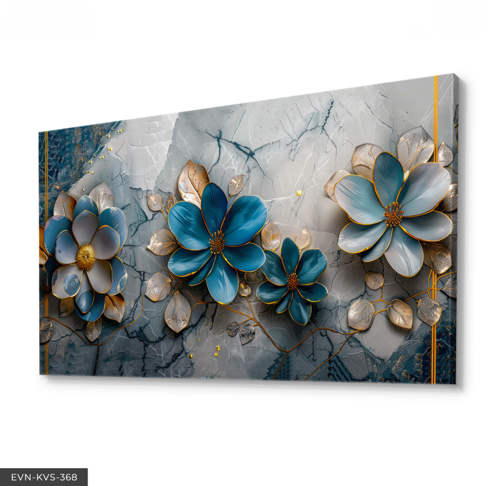 Mavi Tonlarında Çiçekler Tek Parça Kanvas - Canvas Tablo 140 x 90 CM - Çok Renkli