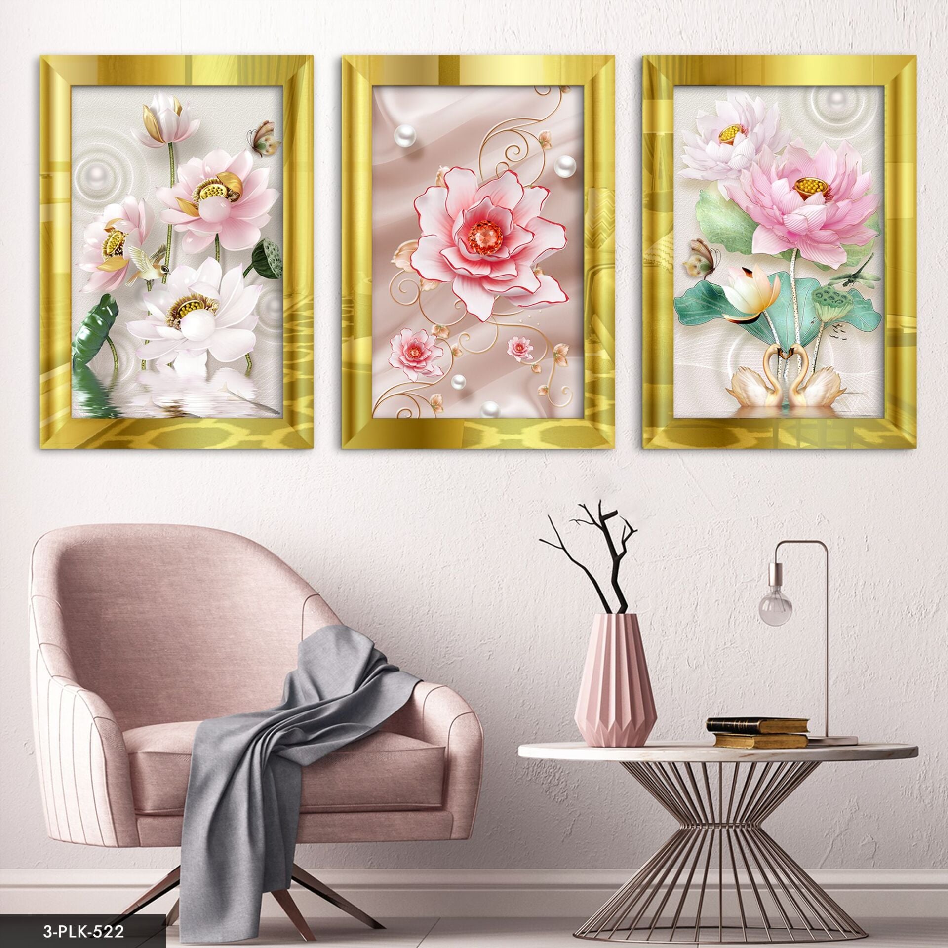 Pembe Çiçekler 3 Parça Pleksi Aynalı Tablo 60 x 80 CM - Gold