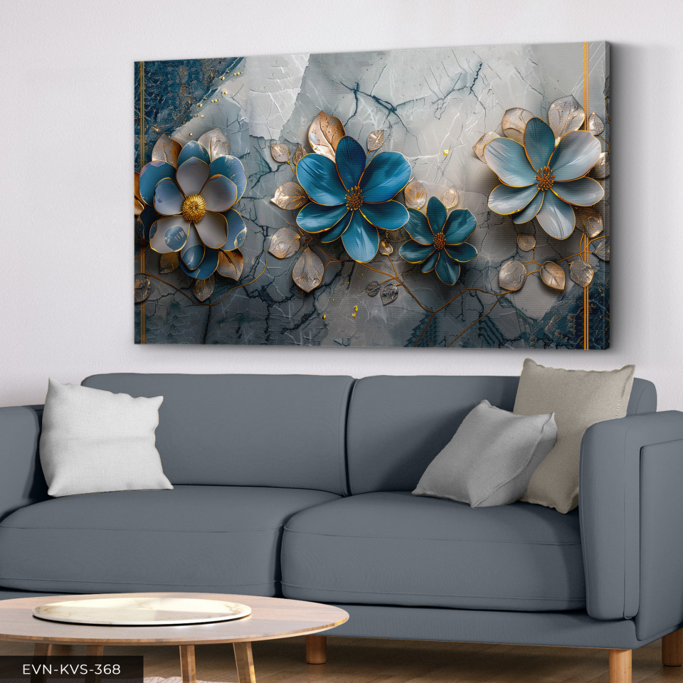 Mavi Tonlarında Çiçekler Tek Parça Kanvas - Canvas Tablo 140 x 90 CM - Çok Renkli