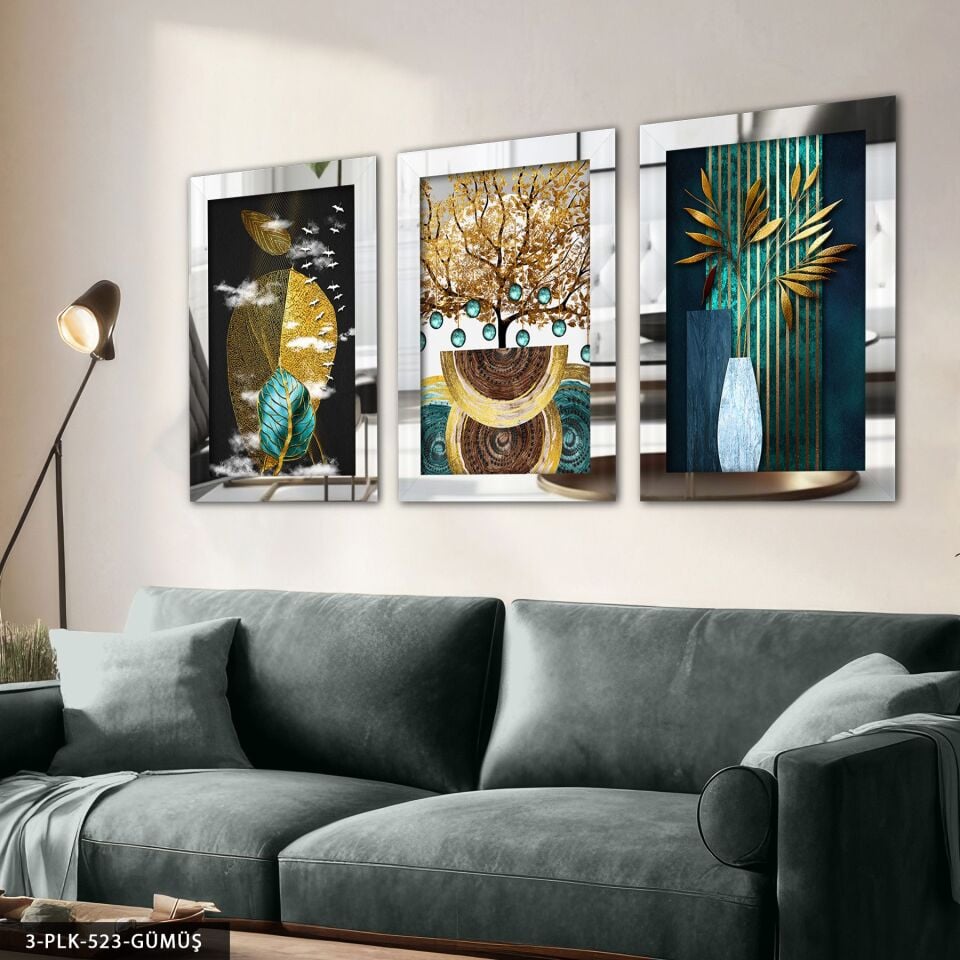 Soyut Doğa 3 Parça Pleksi Aynalı Tablo 60 x 80 CM - Gümüş