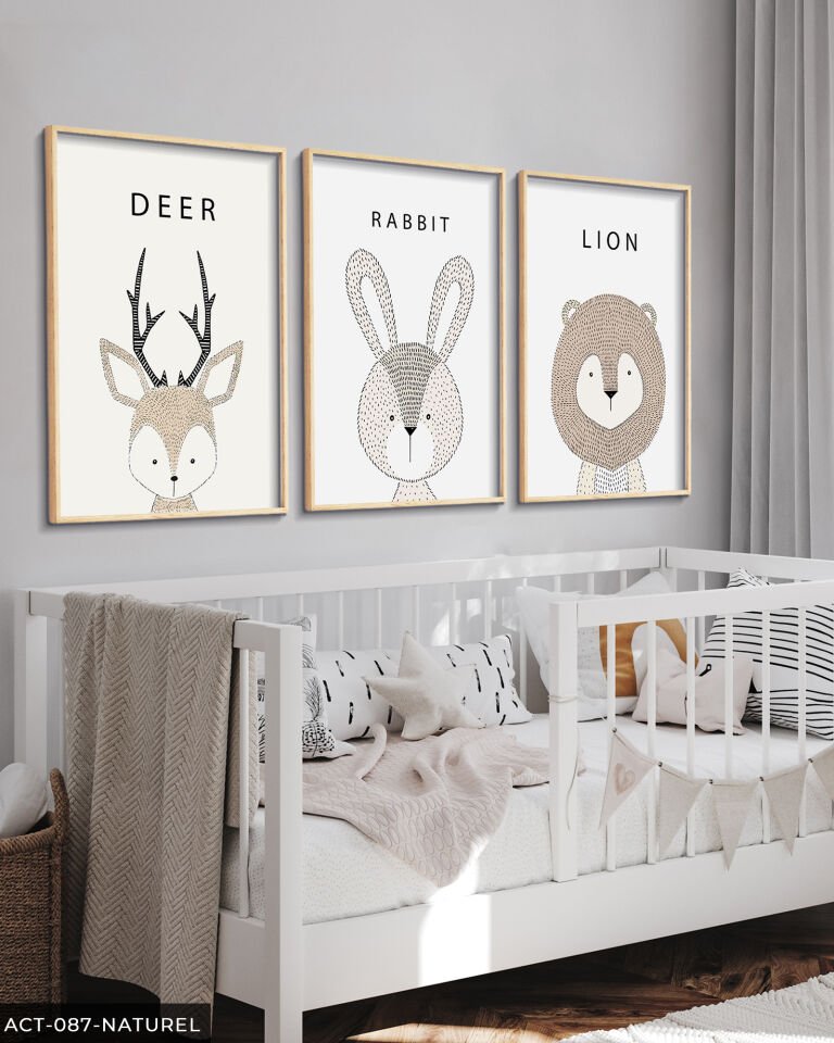 Hayvanlar Çocuk Odası 3 Parça Ahşap Çerçeveli Tablo Naturel - 20 x 30 CM
