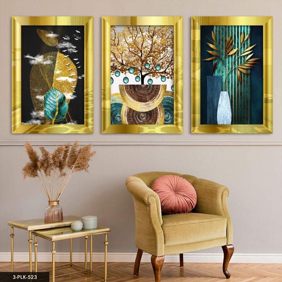 Soyut Doğa 3 Parça Pleksi Aynalı Tablo 60 x 80 CM - Gold