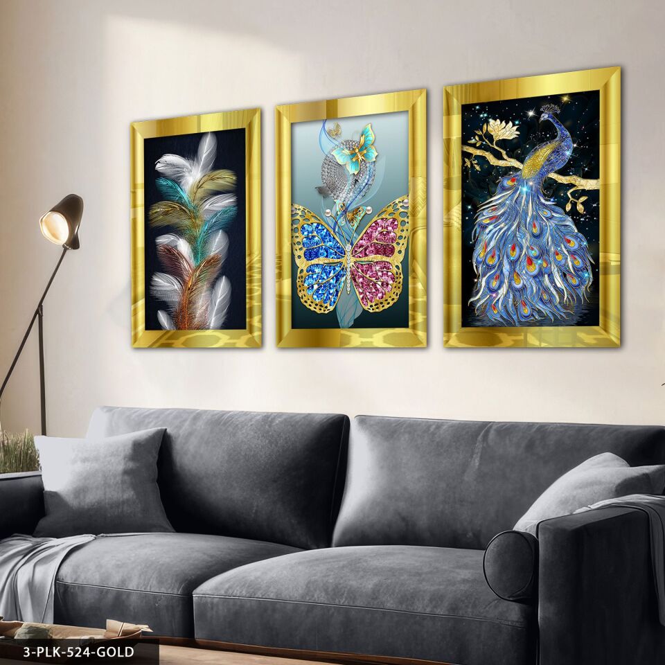 Kuş Tüy Kelebek 3 Parça Pleksi Aynalı Tablo 60 x 80 CM - Gold