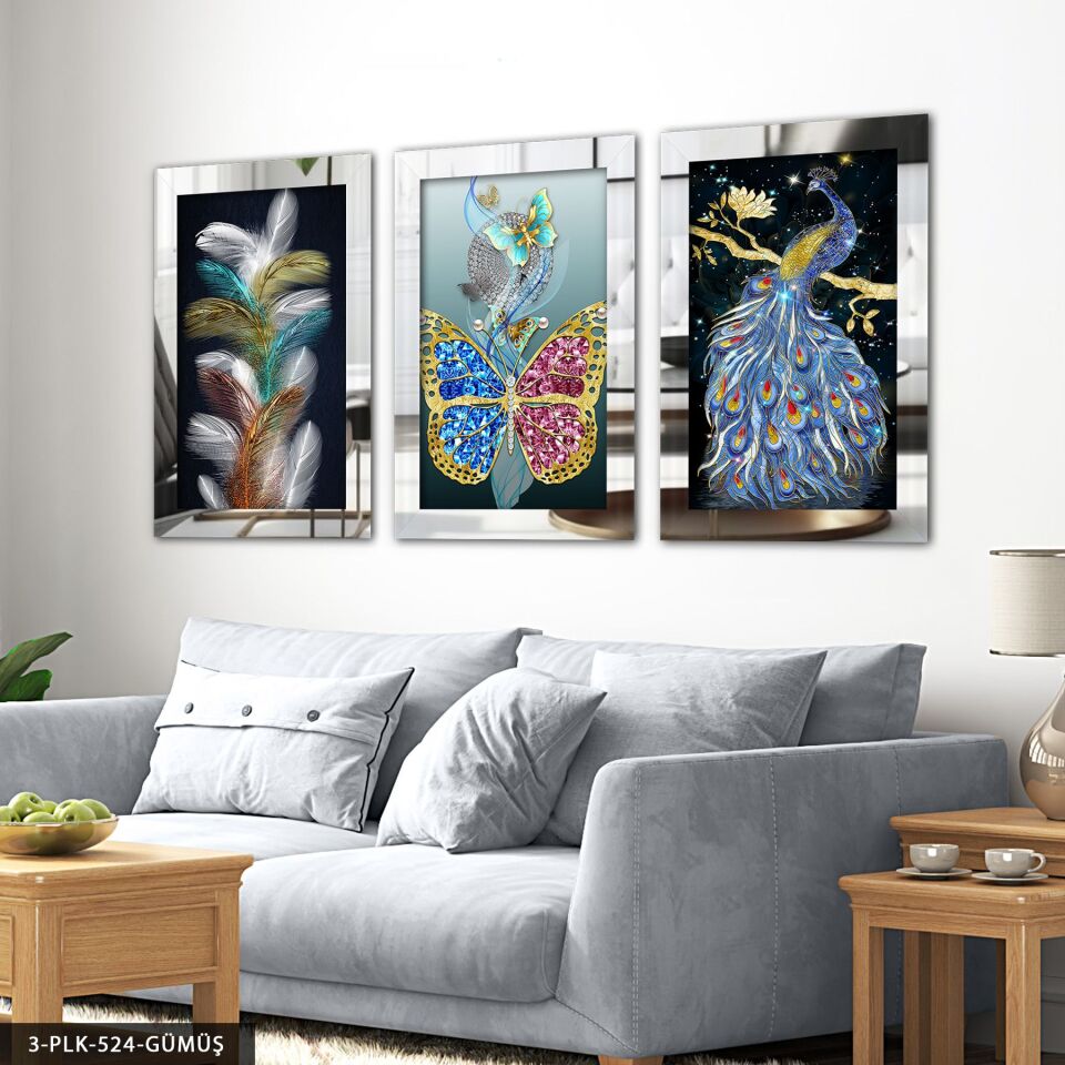 Kuş Tüy Kelebek 3 Parça Pleksi Aynalı Tablo 60 x 80 CM - Gümüş