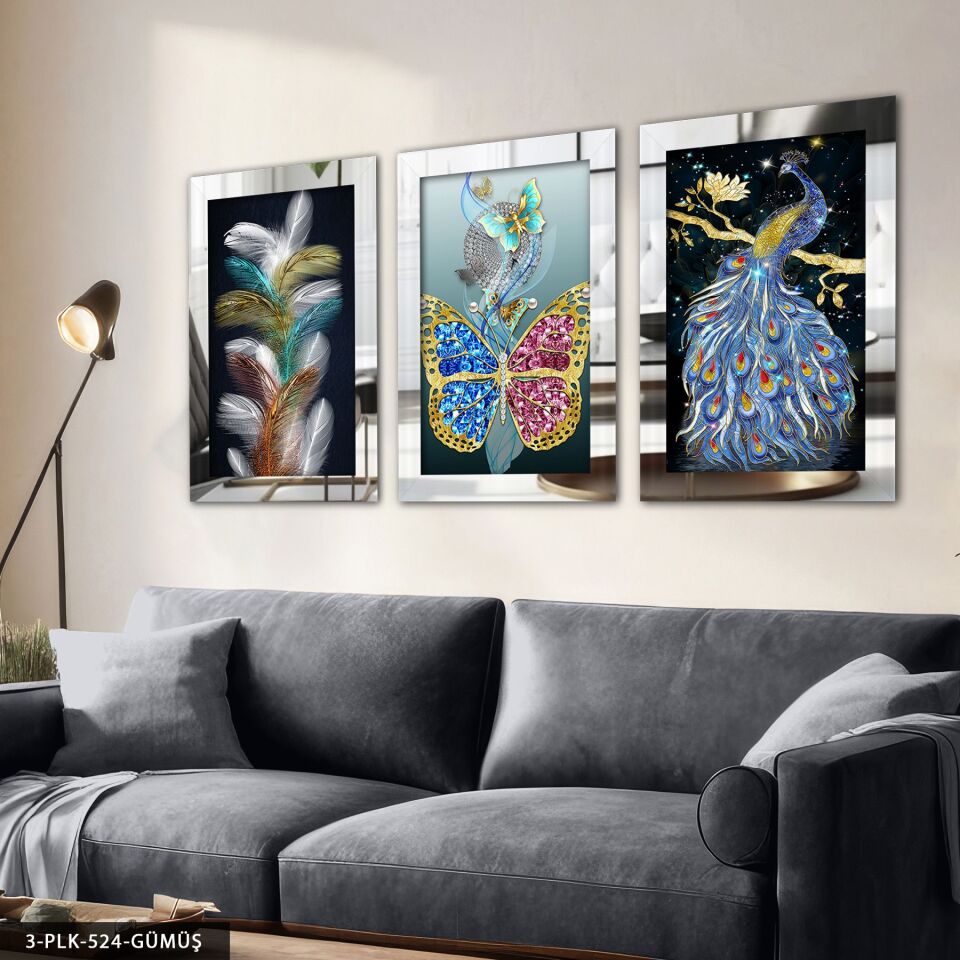 Kuş Tüy Kelebek 3 Parça Pleksi Aynalı Tablo 60 x 80 CM - Gümüş