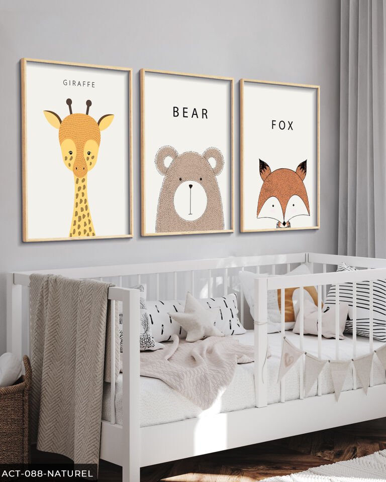 Hayvanlar Çocuk Odası 3 Parça Ahşap Çerçeveli Tablo Naturel - 20 x 30 CM